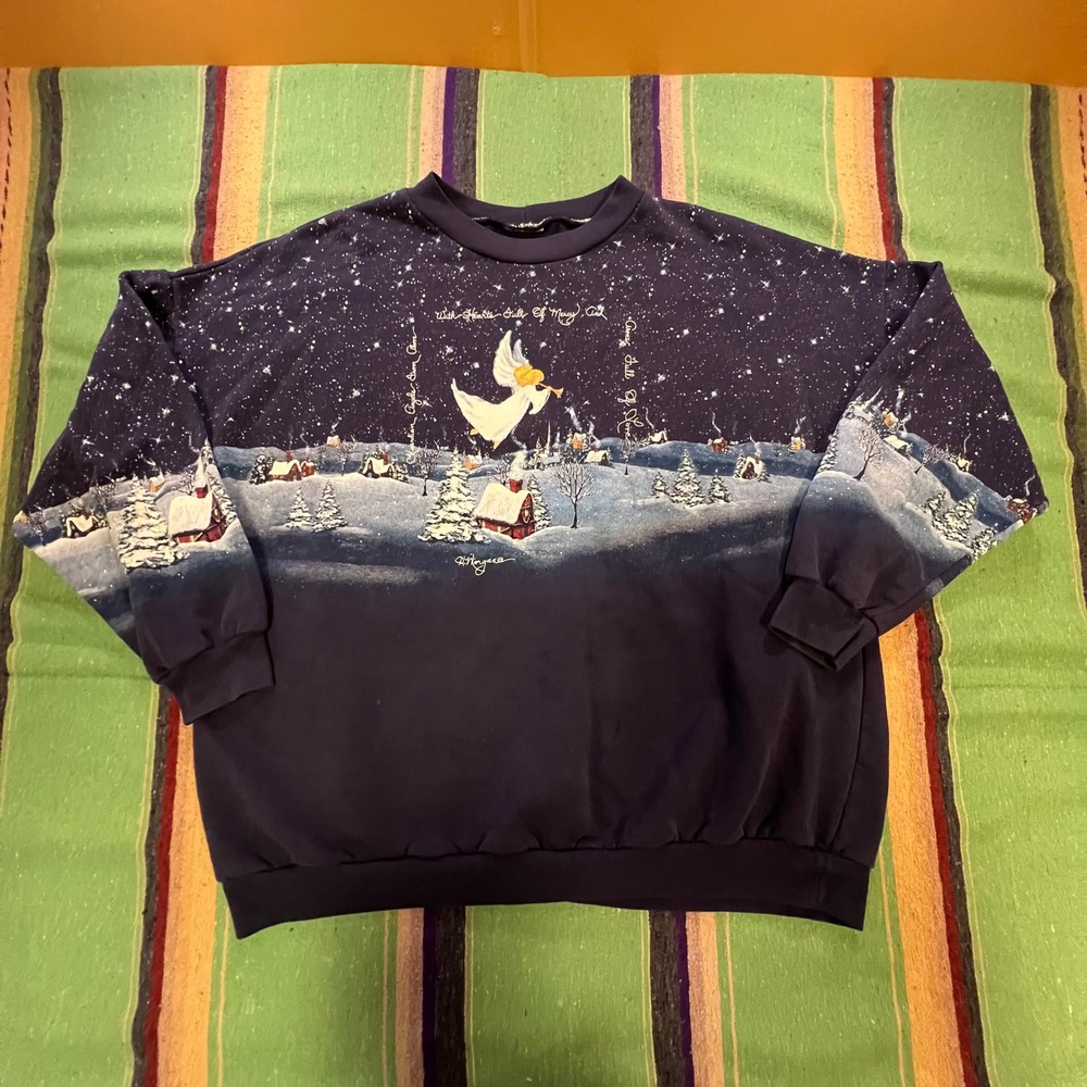 P.J. Morgan Sweatshirt Unisex XL Navy Blue Angel Winter Village Vintage Xmas